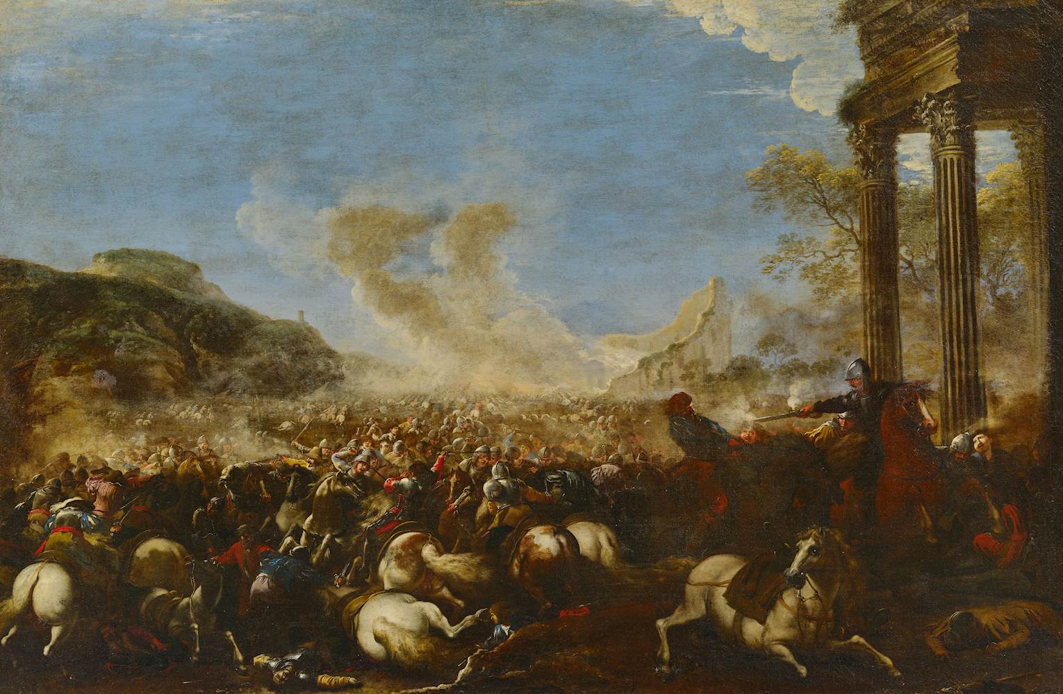 Baroque battle painting with horsemen beside classical ruins