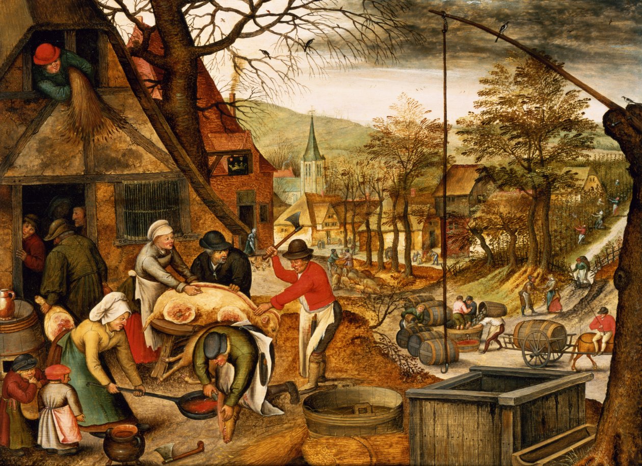 Flemish old master panel of an autumn village scene
