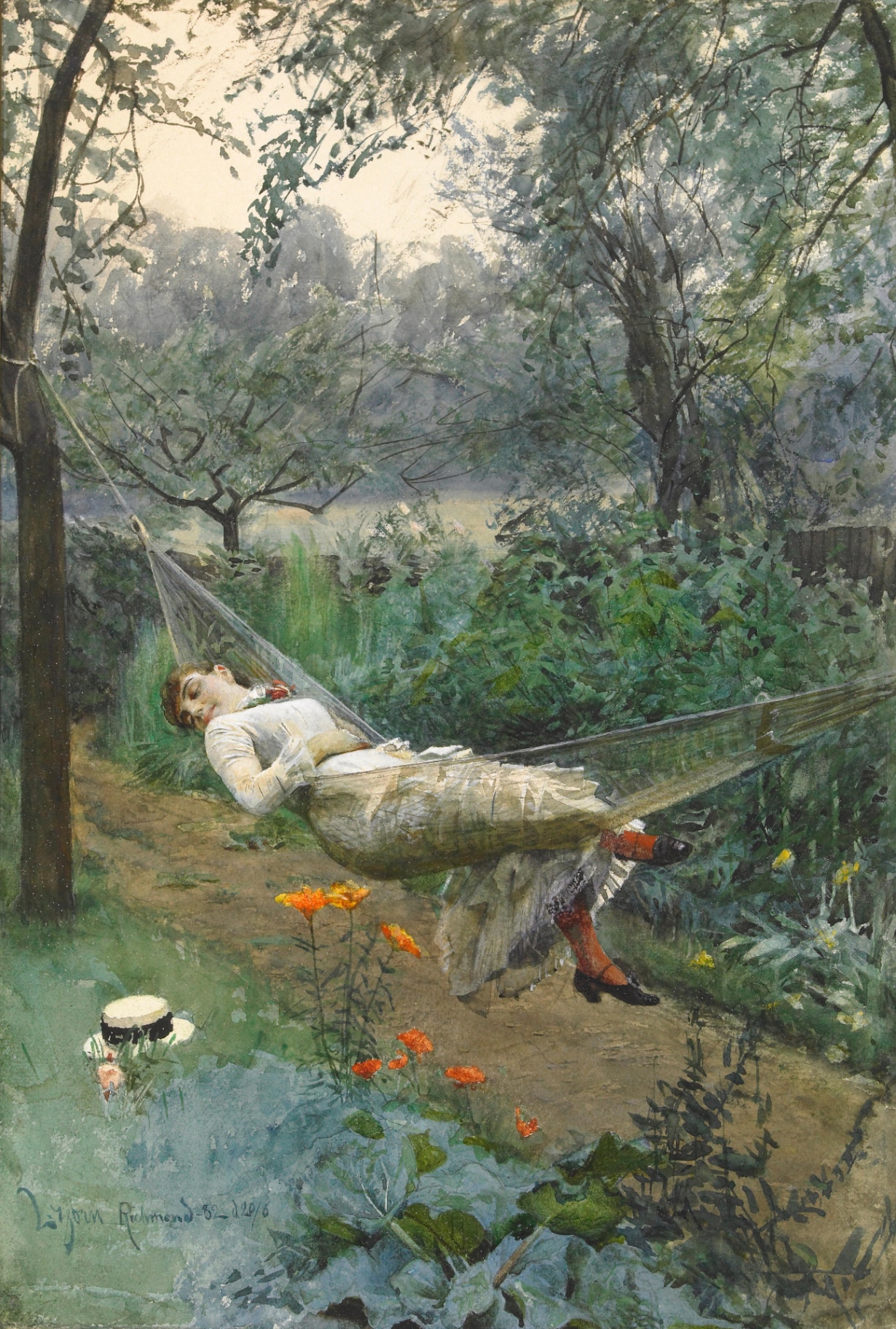 Watercolor of a woman resting in a hammock in a summer garden
