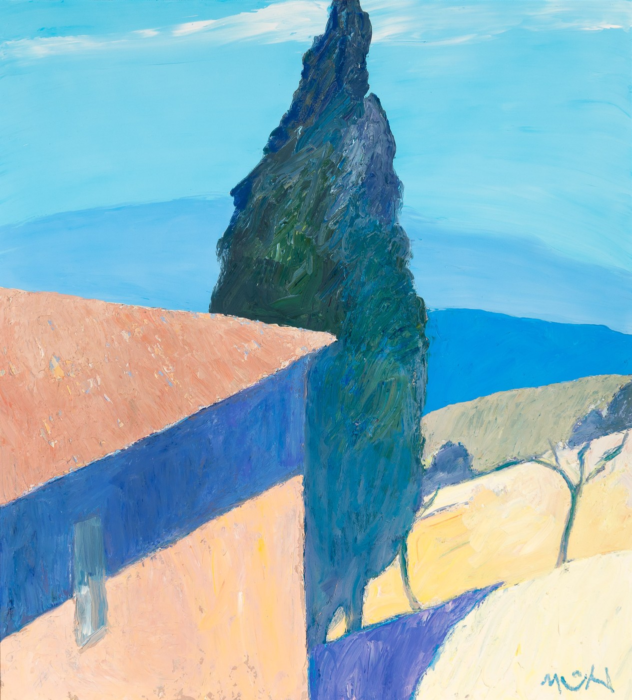 Modern oil painting of a cypress beside a sunlit wall
